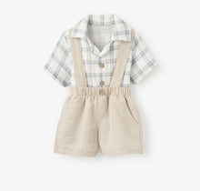 Load image into Gallery viewer, Linen Suspender Shorts & Plaid Organic Shirt by Elegant Baby