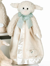Load image into Gallery viewer, Lamb buddy blanket is cream sherpa wool lamb with a velour satin lined blanket all tied up with a green bow
