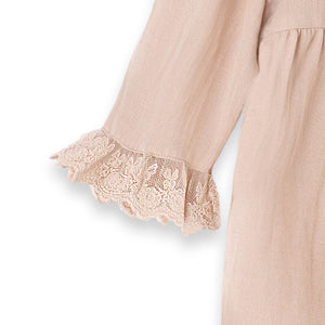 Lace Trim Baby Girl Romper in Soft Beige Rayon Linen