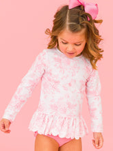 Load image into Gallery viewer, Girls Pink Butterfly Garden Toile Scallop Hem Long Sleeve Rash Guard Swimsuit
