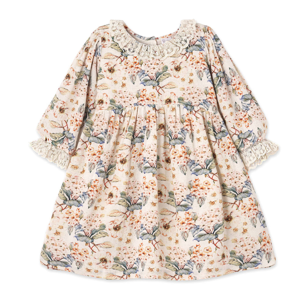 Vintage Floral Dress with Lace Collar Ruffles, Linen Blend