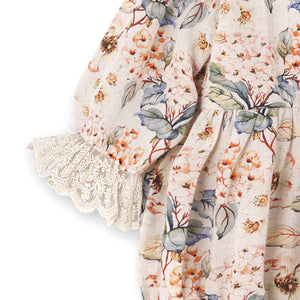 Vintage Floral Baby Girl Romper – Lace Ruffles - Linen Blend