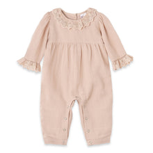 Load image into Gallery viewer, Lace Trim Baby Girl Romper in Soft Beige Rayon Linen
