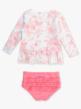 Load image into Gallery viewer, Girls Pink Butterfly Garden Toile Scallop Hem Long Sleeve Rash Guard Swimsuit
