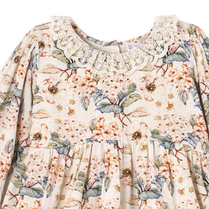 Vintage Floral Dress with Lace Collar Ruffles, Linen Blend