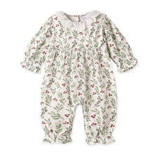 Load image into Gallery viewer, Holiday Berry Linen Baby Romper With Lace Trim
