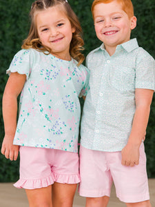 Girls Pink Knit Ruffle Trim Shorts