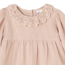 Load image into Gallery viewer, Lace Trim Baby Girl Romper in Soft Beige Rayon Linen
