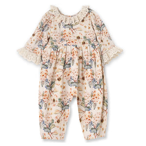 Vintage Floral Baby Girl Romper – Lace Ruffles - Linen Blend