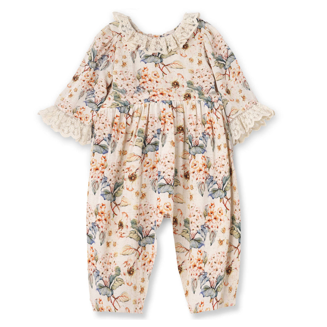 Vintage Floral Baby Girl Romper – Lace Ruffles - Linen Blend
