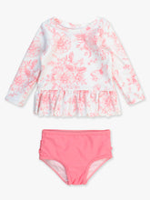 Load image into Gallery viewer, Girls Pink Butterfly Garden Toile Scallop Hem Long Sleeve Rash Guard Swimsuit
