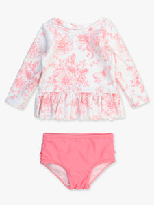 Girls Pink Butterfly Garden Toile Scallop Hem Long Sleeve Rash Guard Swimsuit