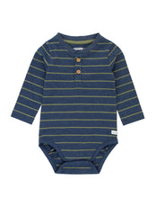 Load image into Gallery viewer, Navy &amp; Dusty Green Stripe Knot Long Sleeve Onesie
