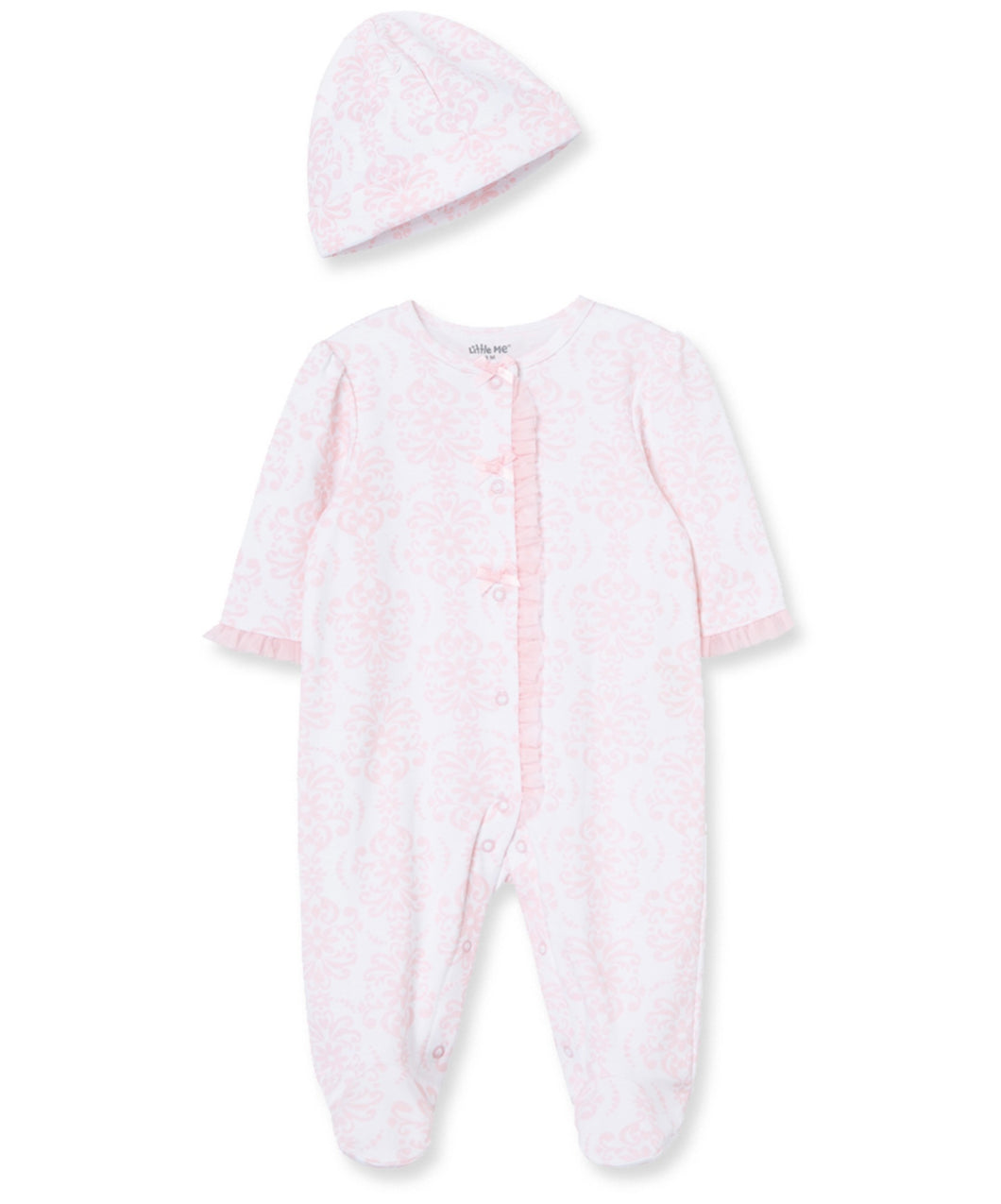 Pink Damask Scroll Footie Romper & Hat