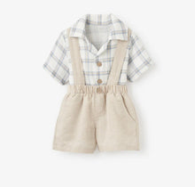 Load image into Gallery viewer, Linen Suspender Shorts &amp; Plaid Organic Shirt by Elegant Baby
