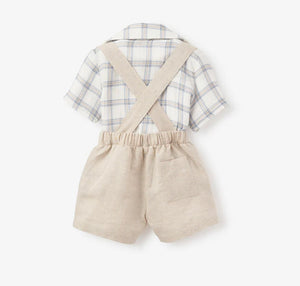 Linen Suspender Shorts & Plaid Organic Shirt by Elegant Baby