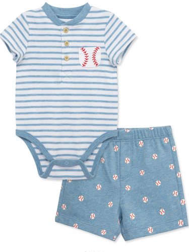 Baby outfit set with striped bodysuit and shorts featuring baseball patterns on a white background.