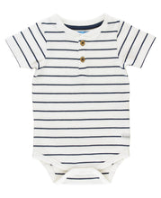 Load image into Gallery viewer, Baby Boys White &amp; Navy Stripe Short Sleeve Henley Bodysuit
