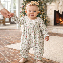 Load image into Gallery viewer, Holiday Berry Linen Baby Romper With Lace Trim

