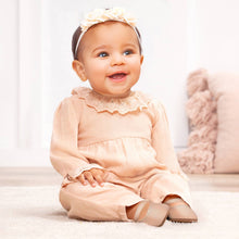 Load image into Gallery viewer, Lace Trim Baby Girl Romper in Soft Beige Rayon Linen
