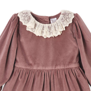 Mauve Velvet Girl's Dress – Lace Collar Special Occasion