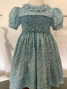 Blue Floral Lawn Smocked Dress