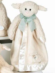 Lamb buddy blanket is cream sherpa wool lamb with a velour satin lined blanket all tied up with a green bow